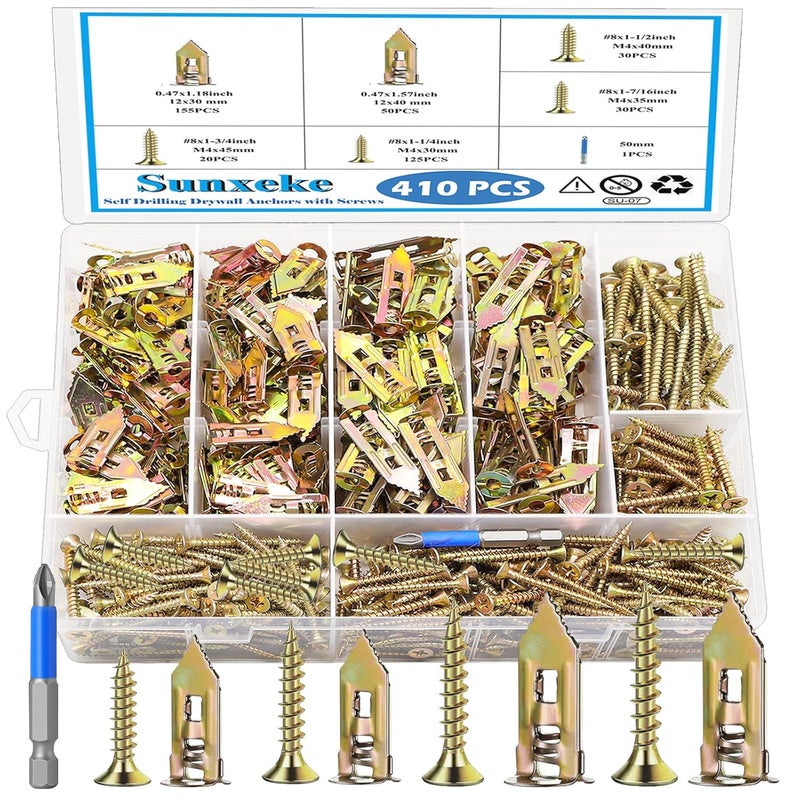 Sunxeke 410 PCS Self Drilling Drywall Anchors with Screws Kit - 2 Sizes Sheetrock Anchors & 4 Sizes Zinc Expansion Screws,2025 Upgraded Zinc Plated Steel,No Drill Needed, Holds Up to 66LB on Walls - Image 1